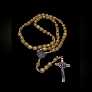 Wooden St Benedic Rosary  – Bethlehem Olive Wood & Metal Cross